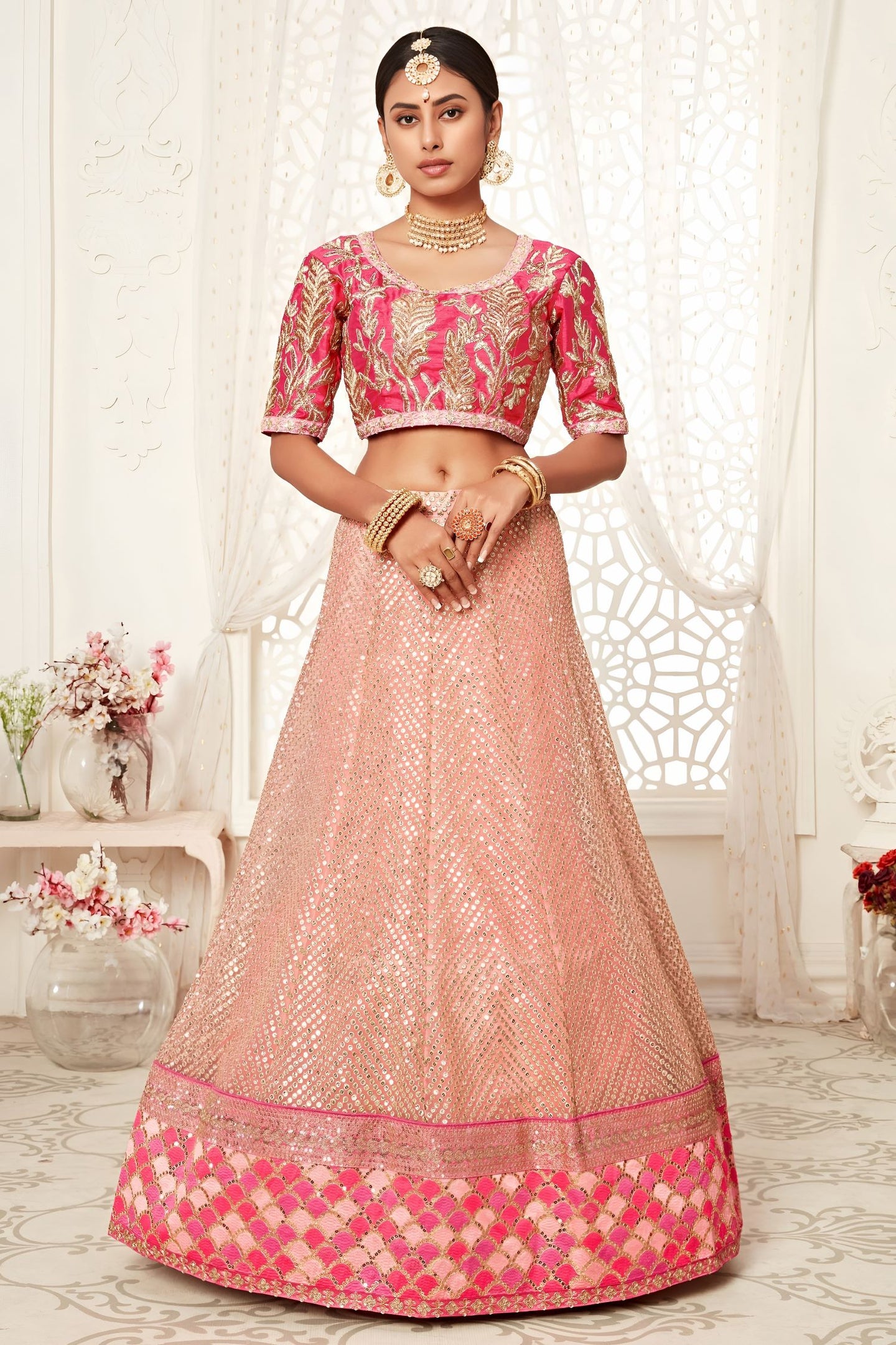 Rose Slub Silk Zari Lehenga Choli with Thread and Sequins Work