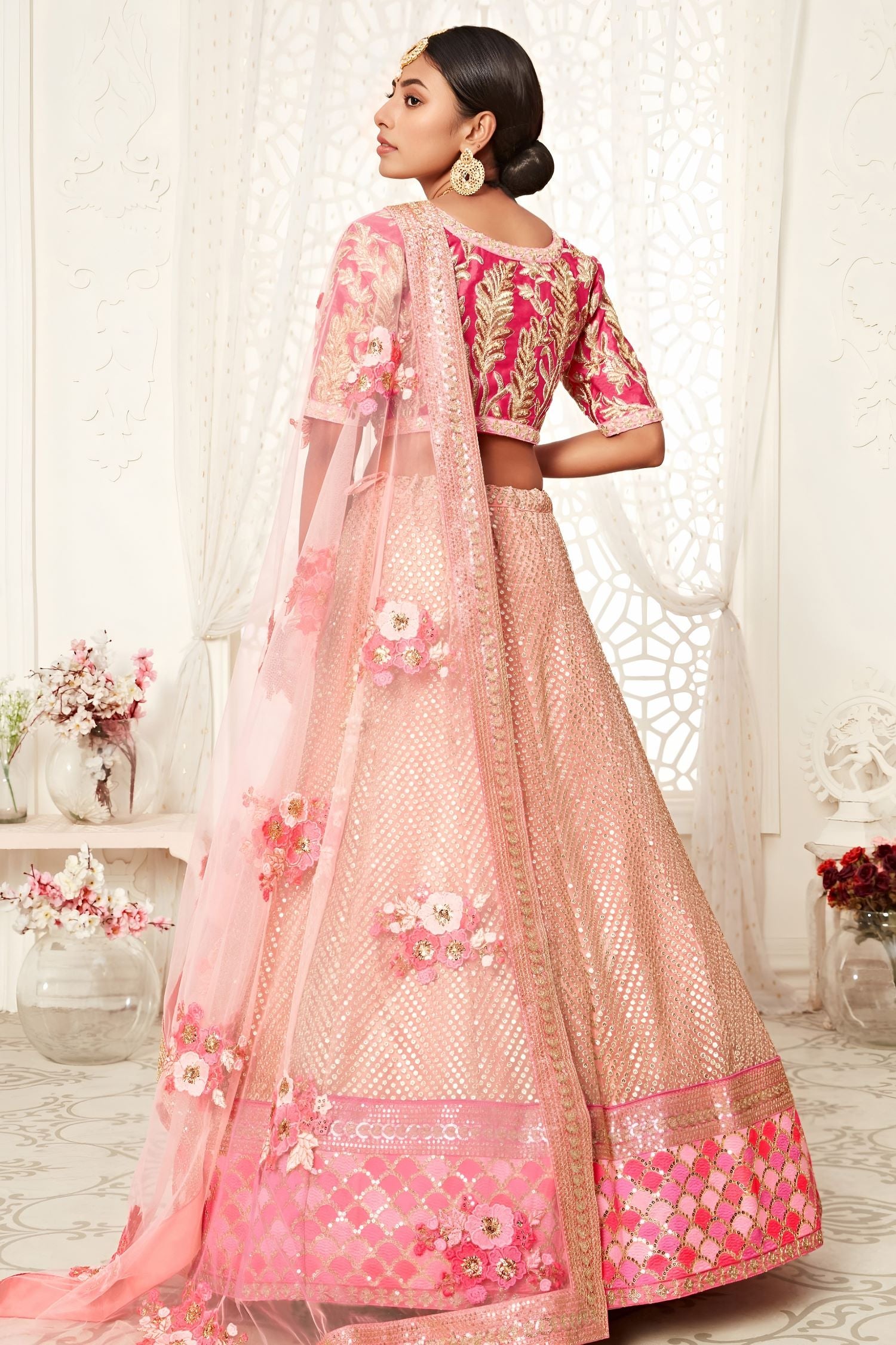 Rose Slub Silk Zari Lehenga Choli with Thread and Sequins Work