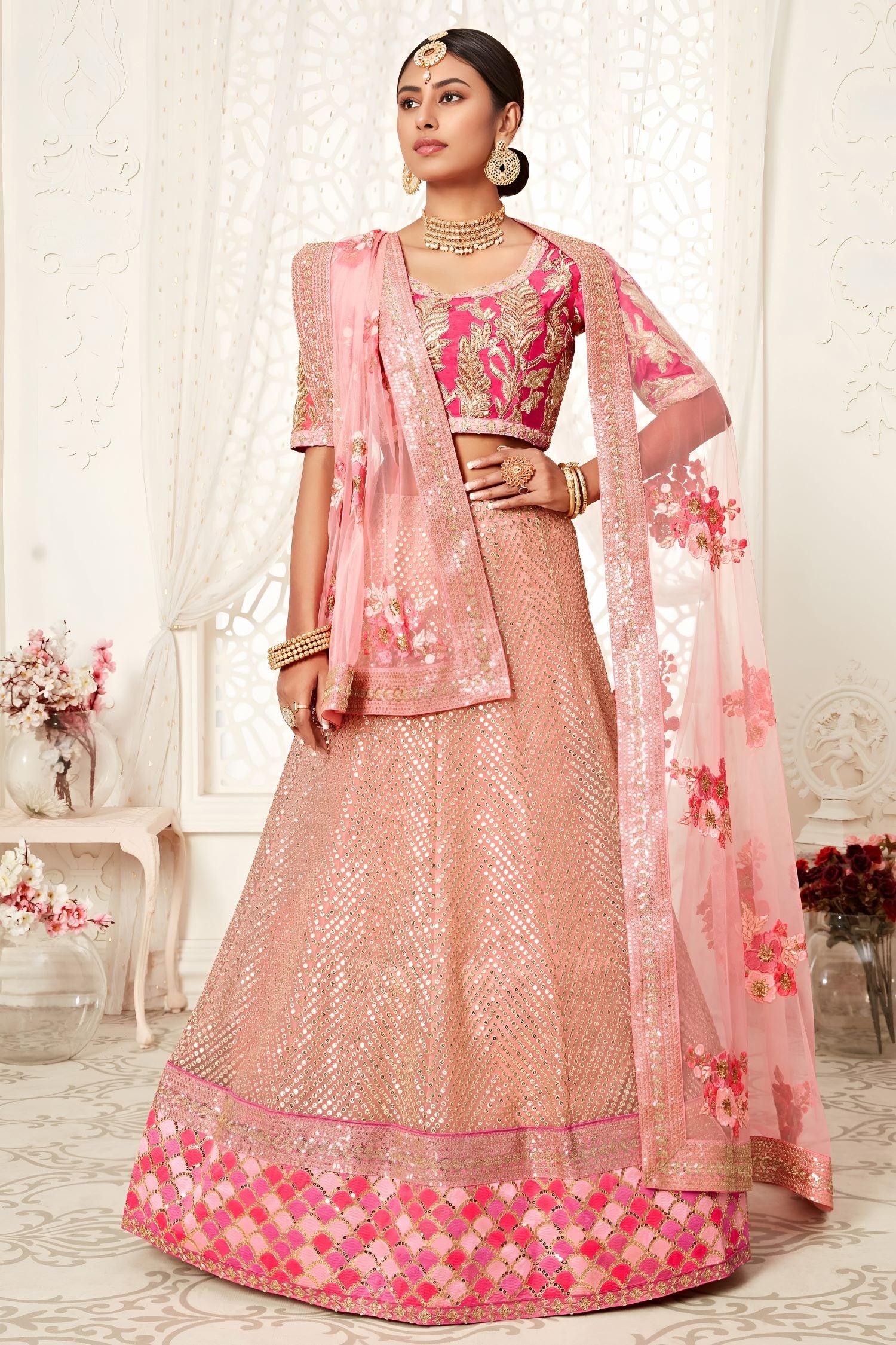 Rose Slub Silk Zari Lehenga Choli with Thread and Sequins Work
