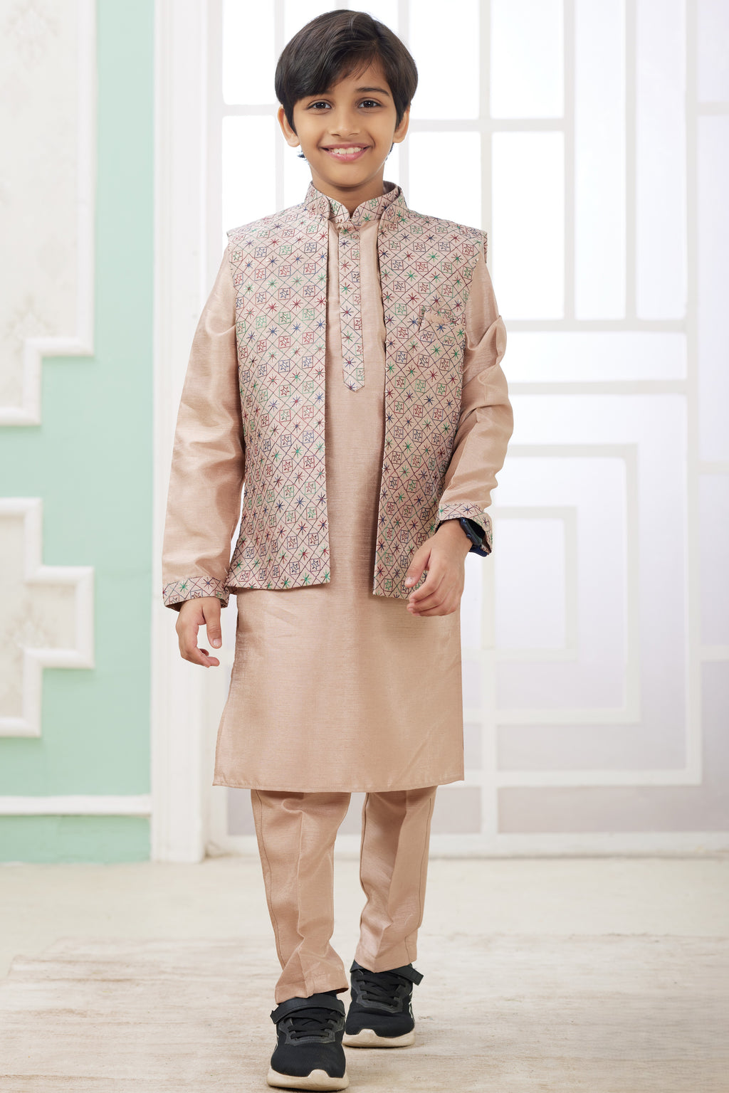 Beige Art Silk 3 Piece Kids Wear Boys Suit Kurta Pajama with Waistcoat Nehru Jacket for Kids for Festivals & Wedding - Embroidery Work