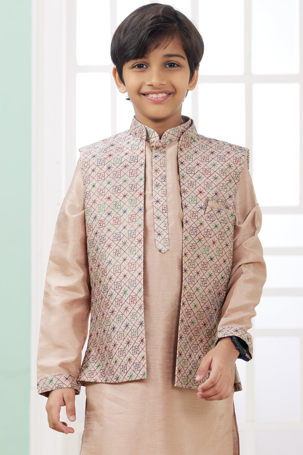Beige Art Silk 3 Piece Kids Wear Boys Suit Kurta Pajama with Waistcoat Nehru Jacket for Kids for Festivals & Wedding - Embroidery Work