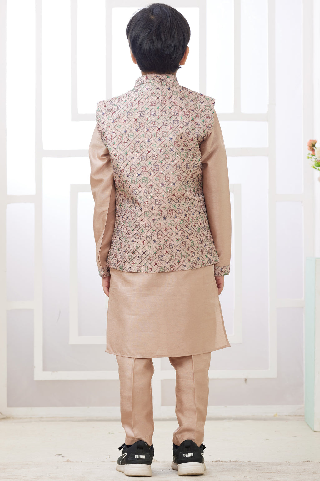 Beige Art Silk 3 Piece Kids Wear Boys Suit Kurta Pajama with Waistcoat Nehru Jacket for Kids for Festivals & Wedding - Embroidery Work