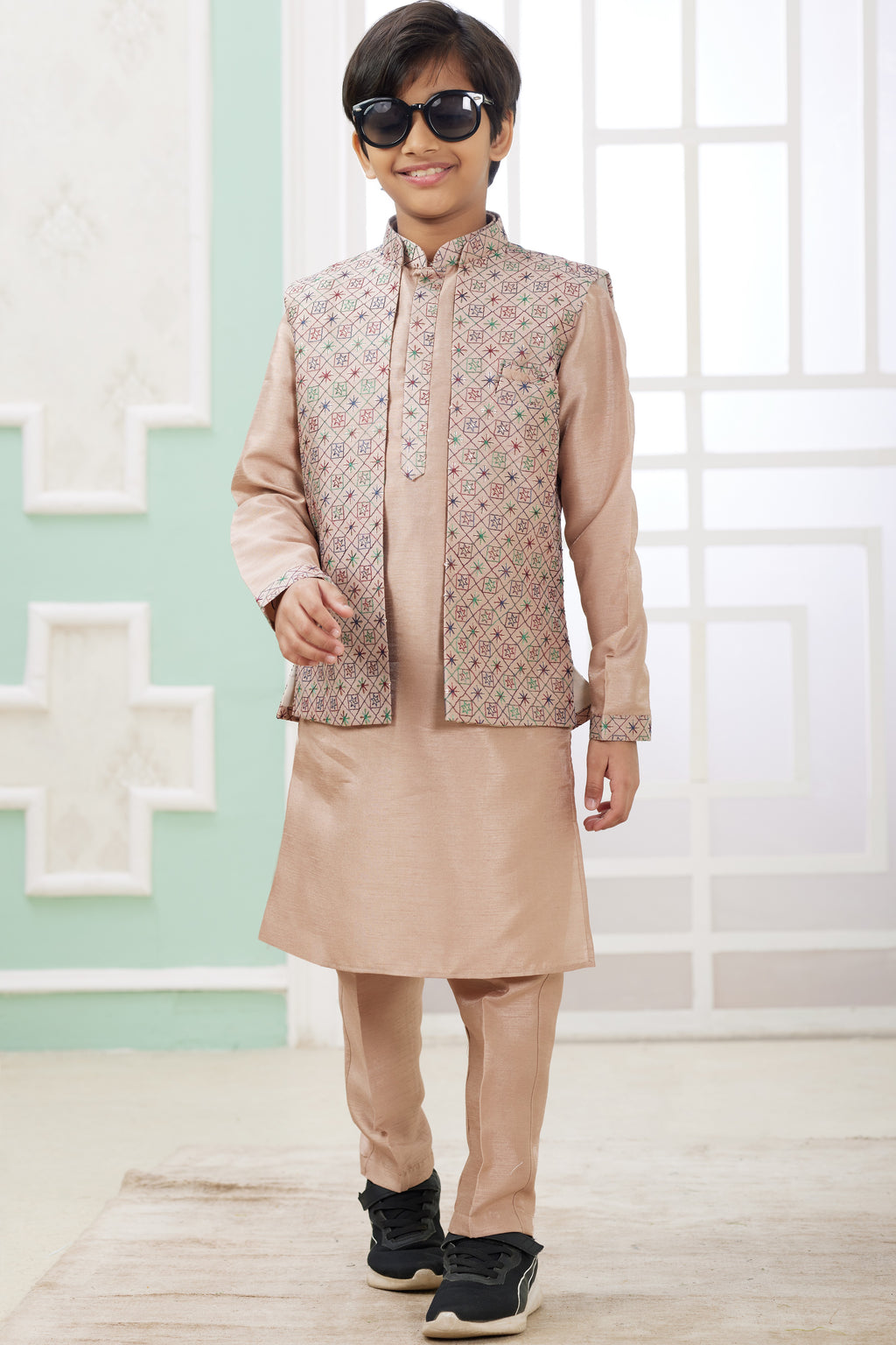 Beige Art Silk 3 Piece Kids Wear Boys Suit Kurta Pajama with Waistcoat Nehru Jacket for Kids for Festivals & Wedding - Embroidery Work