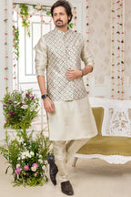 Beige Art Silk Kurta Pajama with Waistcoat Jacket for Men for Festivals & Wedding - Embroidery Work