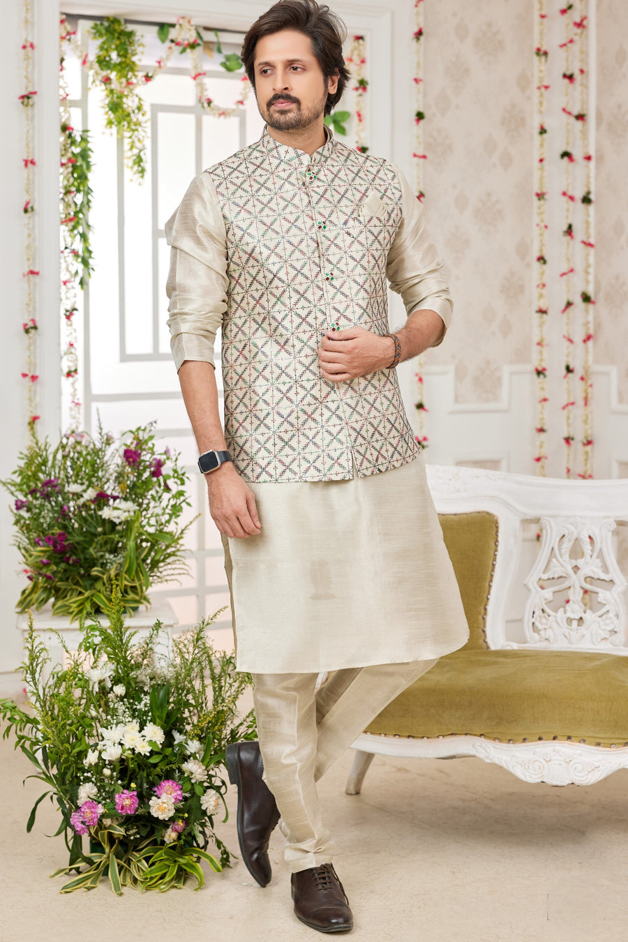 Beige Art Silk Kurta Pajama with Waistcoat Jacket for Men for Festivals & Wedding - Embroidery Work