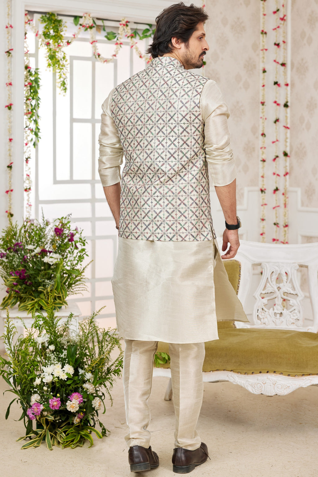 Beige Art Silk Kurta Pajama with Waistcoat Jacket for Men for Festivals & Wedding - Embroidery Work