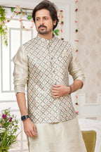 Beige Art Silk Kurta Pajama with Waistcoat Jacket for Men for Festivals & Wedding - Embroidery Work