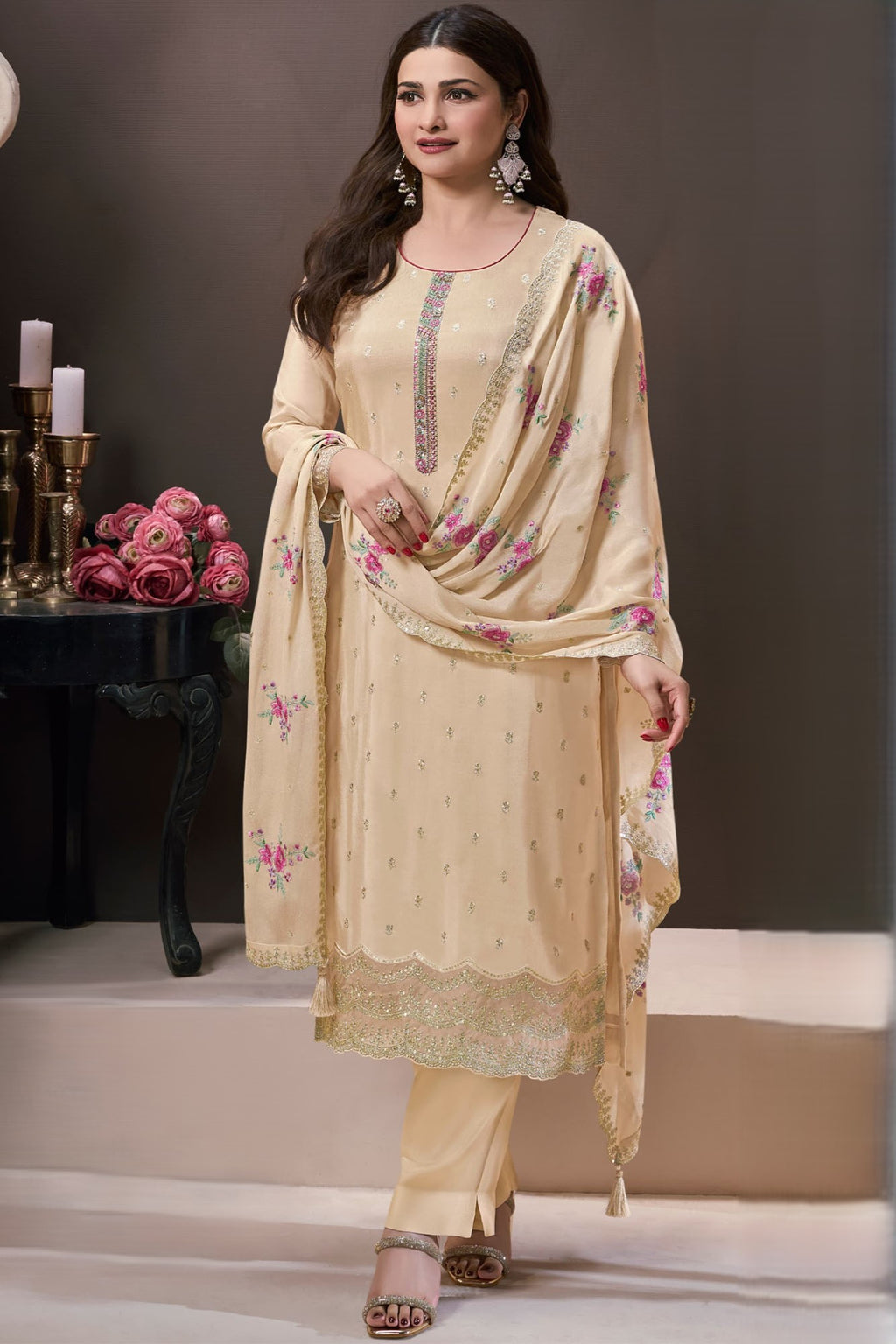 Beige Chinon Silk Kameez with Pant For Ladies Indian Festivals & Weddings - Embroidery Work