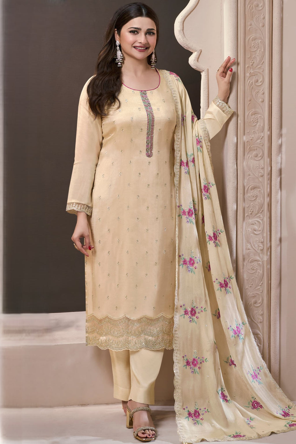 Beige Chinon Silk Kameez with Pant For Ladies Indian Festivals & Weddings - Embroidery Work