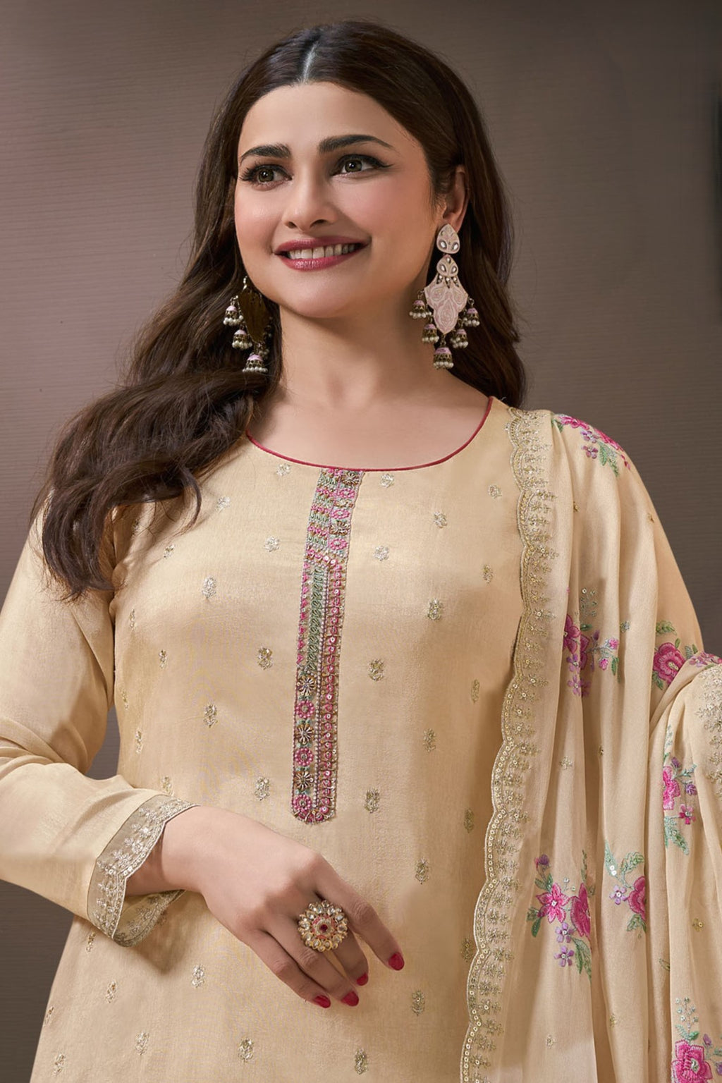 Beige Chinon Silk Kameez with Pant For Ladies Indian Festivals & Weddings - Embroidery Work