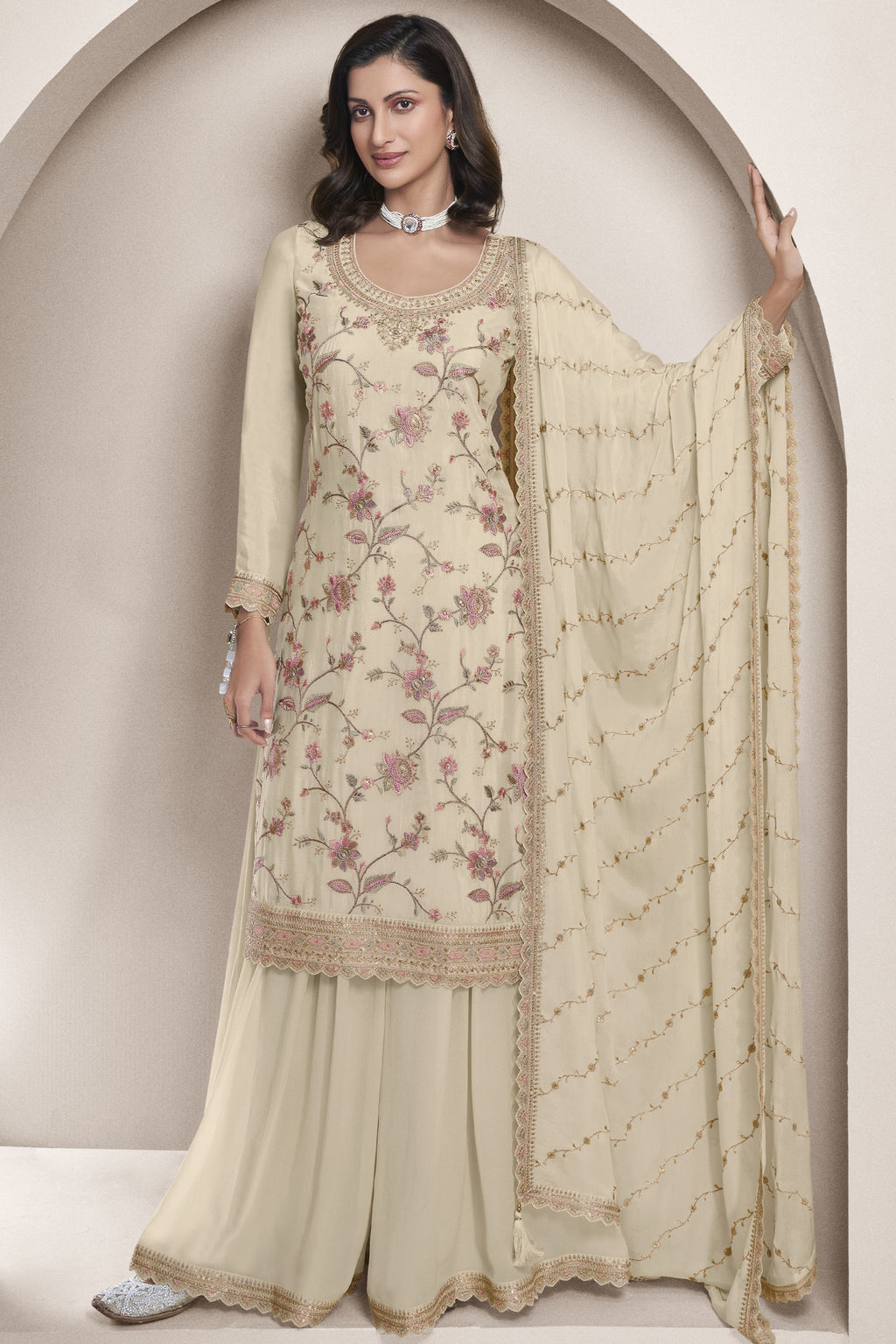Beige Chinon Silk Palazzo Suit For Indian Wedding & Pakistani Festival - Embroidery Work