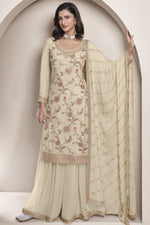 Beige Chinon Silk Palazzo Suit For Indian Wedding & Pakistani Festival - Embroidery Work