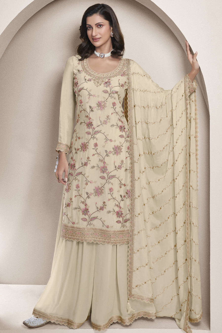 Beige Chinon Silk Palazzo Suit For Indian Wedding & Pakistani Festival - Embroidery Work