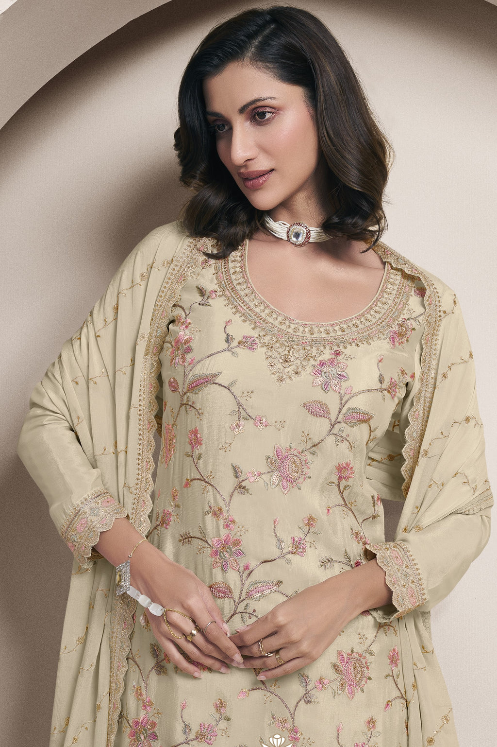 Beige Chinon Silk Palazzo Suit For Indian Wedding & Pakistani Festival - Embroidery Work