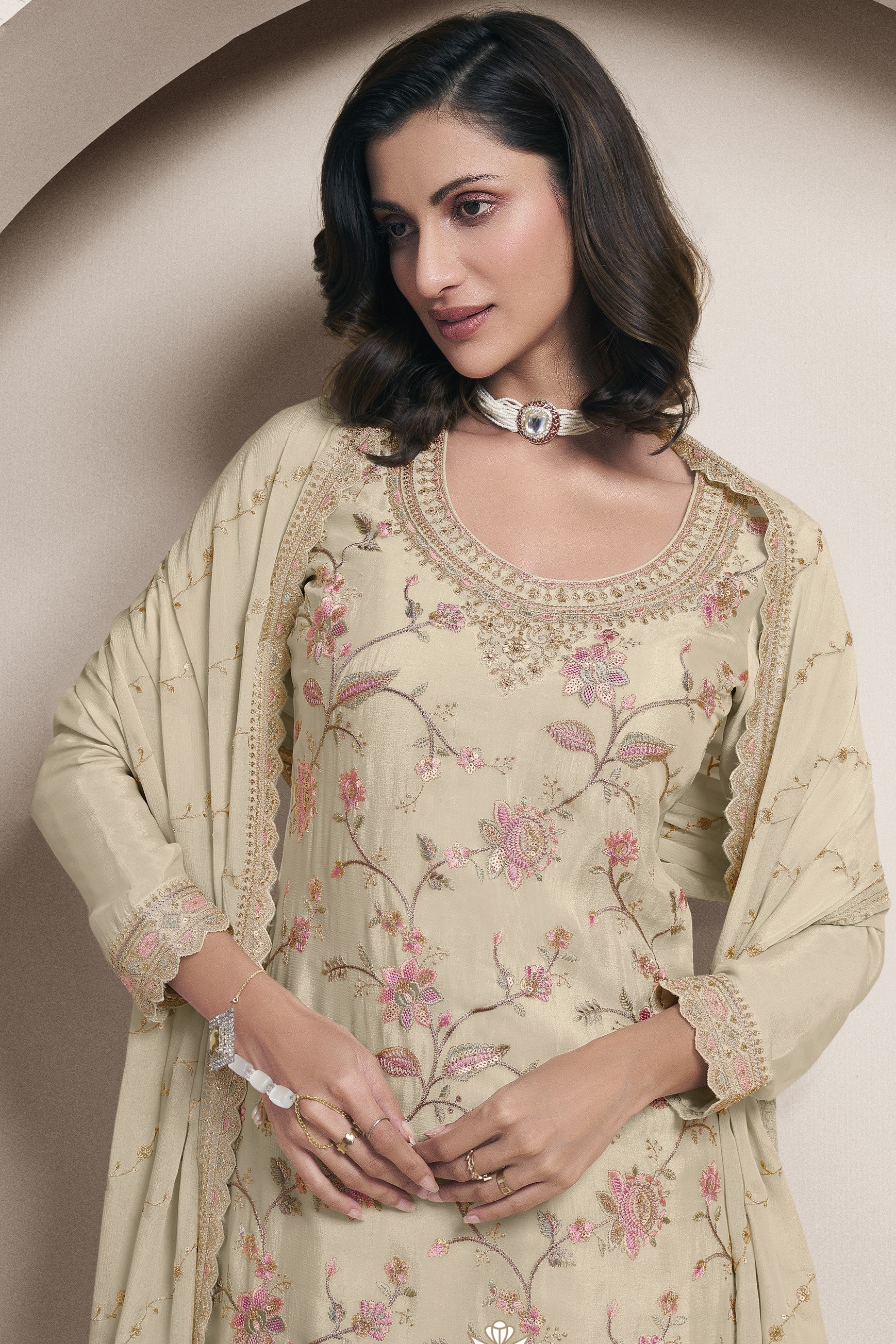Beige Chinon Silk Palazzo Suit For Indian Wedding & Pakistani Festival - Embroidery Work