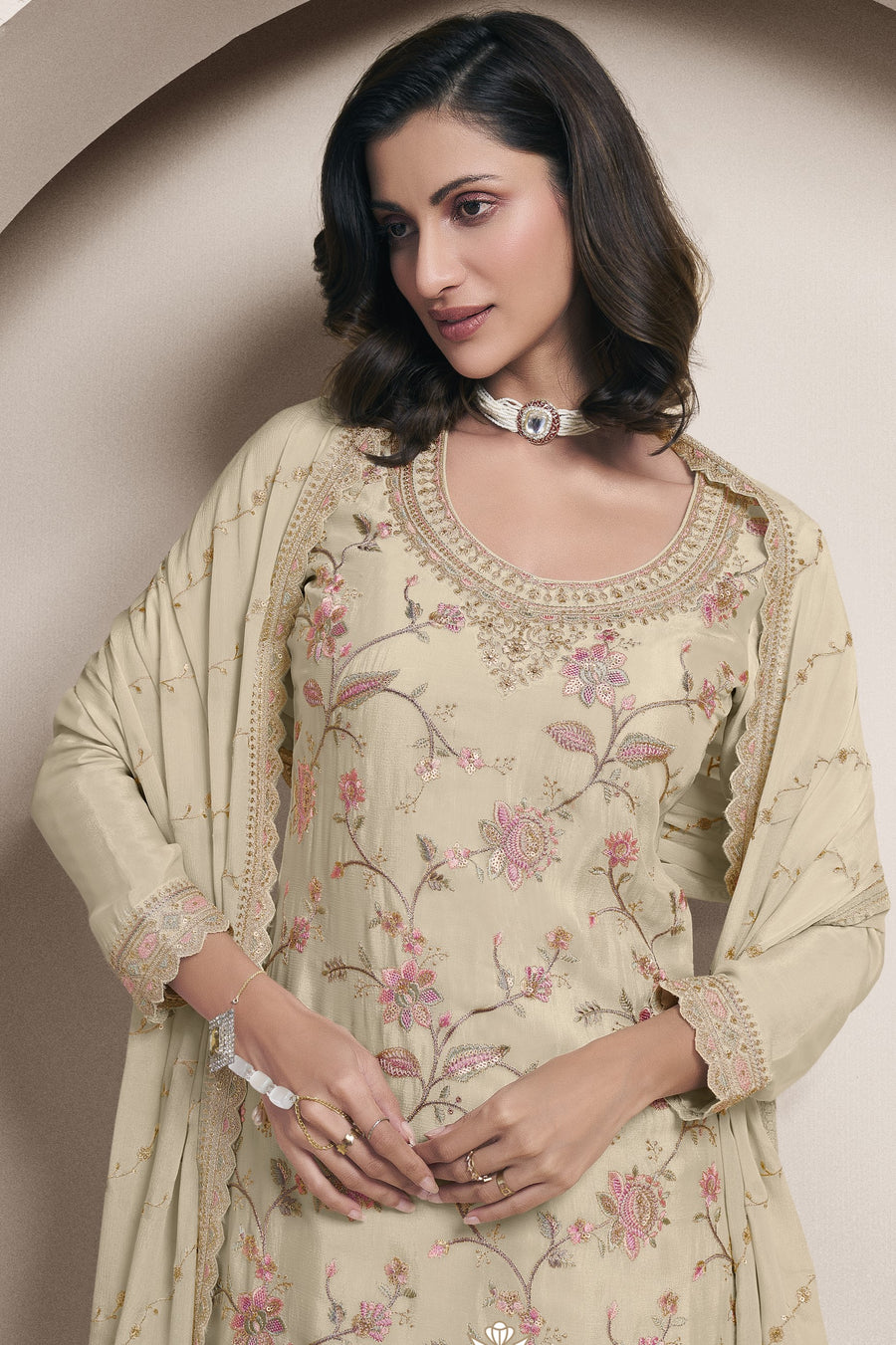 Beige Chinon Silk Palazzo Suit For Indian Wedding & Pakistani Festival - Embroidery Work
