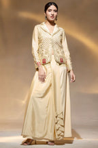 Beige Crepe Collar Kameez With Cowl Draped Skirt For Indian & Pakistani Wedding Festival - Bead Work, Dori Work