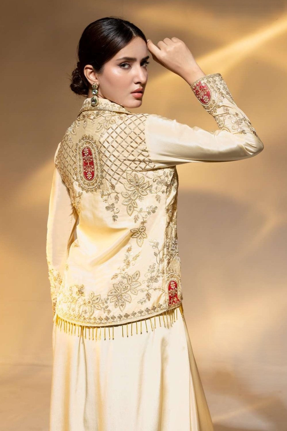 Beige Crepe Collar Kameez With Cowl Draped Skirt For Indian & Pakistani Wedding Festival - Bead Work, Dori Work