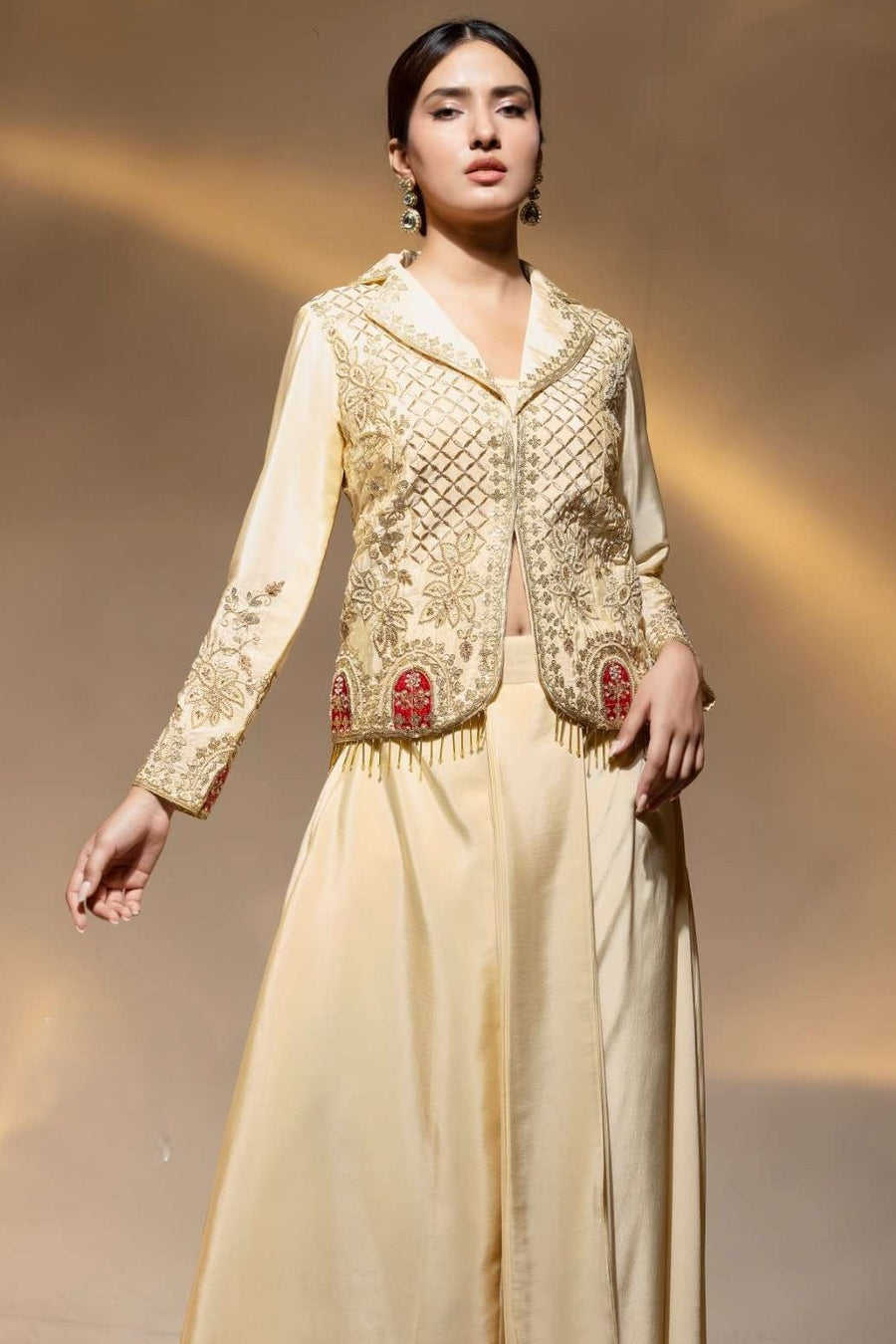 Beige Crepe Collar Kameez With Cowl Draped Skirt For Indian & Pakistani Wedding Festival - Bead Work, Dori Work