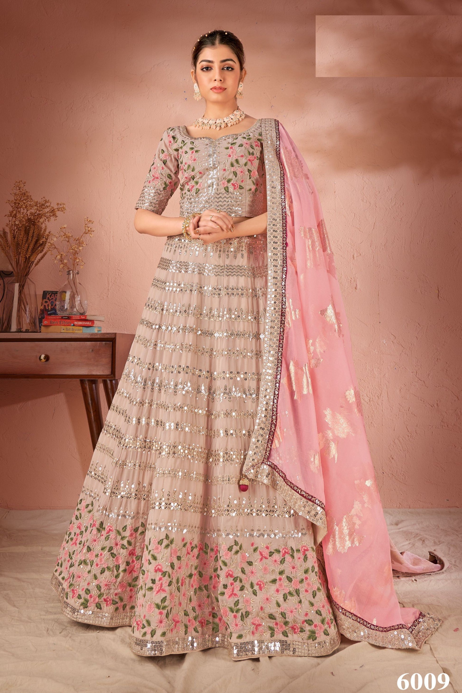 Beige Georgette Lehenga Choli For Indian Festivals & Wedding - Thread Embroidery Work, Sequence Embroidery Work