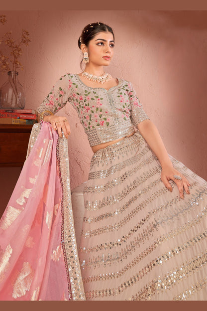 Beige Georgette Lehenga Choli For Indian Festivals & Wedding - Thread Embroidery Work, Sequence Embroidery Work