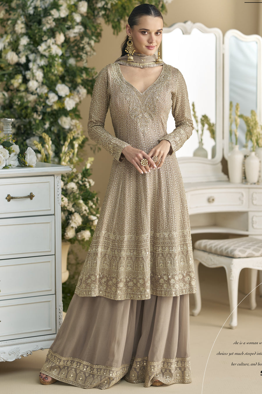 Beige Georgette Palazzo Suit For Indian Wedding & Pakistani Festival - Embroidery Work, Swarovski Work