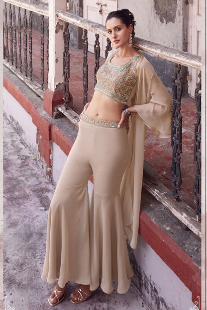 Beige Georgette Sharara Choli For Indian Festivals & Weddings - Thread Embroidery Work, Hand Embellishment, Mirror Work