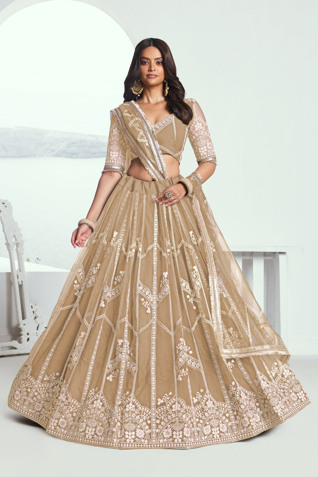 Beige Net Lehenga Choli For Indian & Pakistani Wedding Festival - Thread Embroidery Work, Sequence Embroidery Work