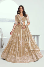 Beige Net Lehenga Choli For Indian & Pakistani Wedding Festival - Thread Embroidery Work, Sequence Embroidery Work
