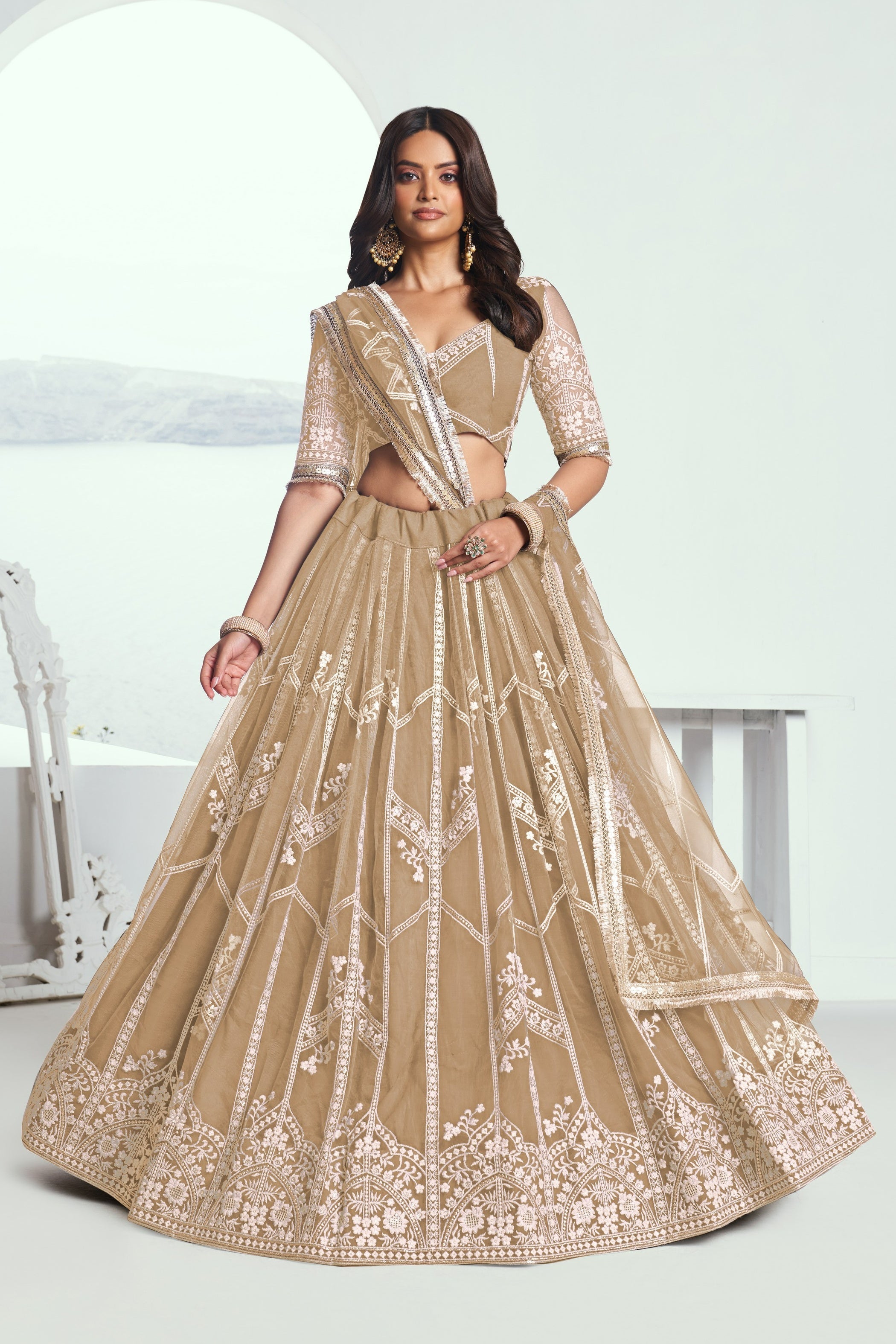 Beige Net Lehenga Choli For Indian & Pakistani Wedding Festival - Thread Embroidery Work, Sequence Embroidery Work