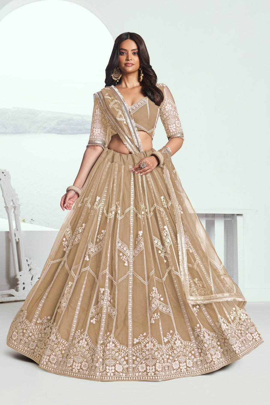 Beige Net Lehenga Choli For Indian & Pakistani Wedding Festival - Thread Embroidery Work, Sequence Embroidery Work