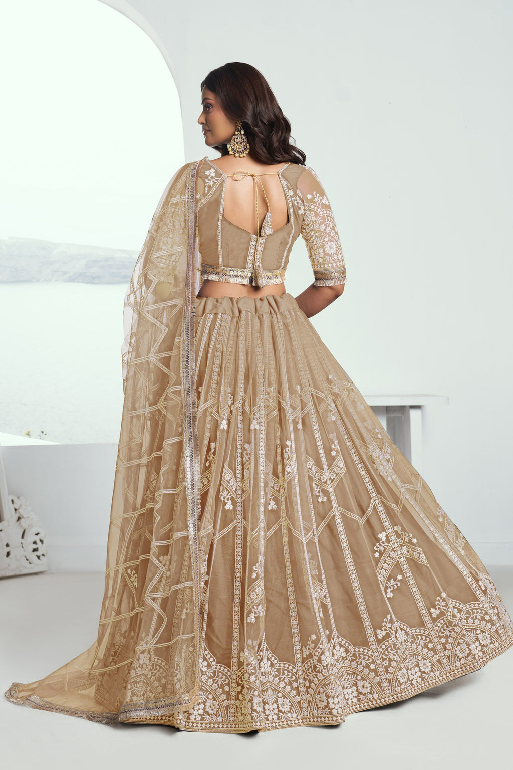 Beige Net Lehenga Choli For Indian & Pakistani Wedding Festival - Thread Embroidery Work, Sequence Embroidery Work