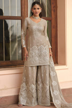 Beige Premium Tora Silk Palazzo Suit For Indian & Pakistani Wedding Festival - Patti Work