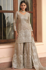 Beige Premium Tora Silk Palazzo Suit For Indian & Pakistani Wedding Festival - Patti Work