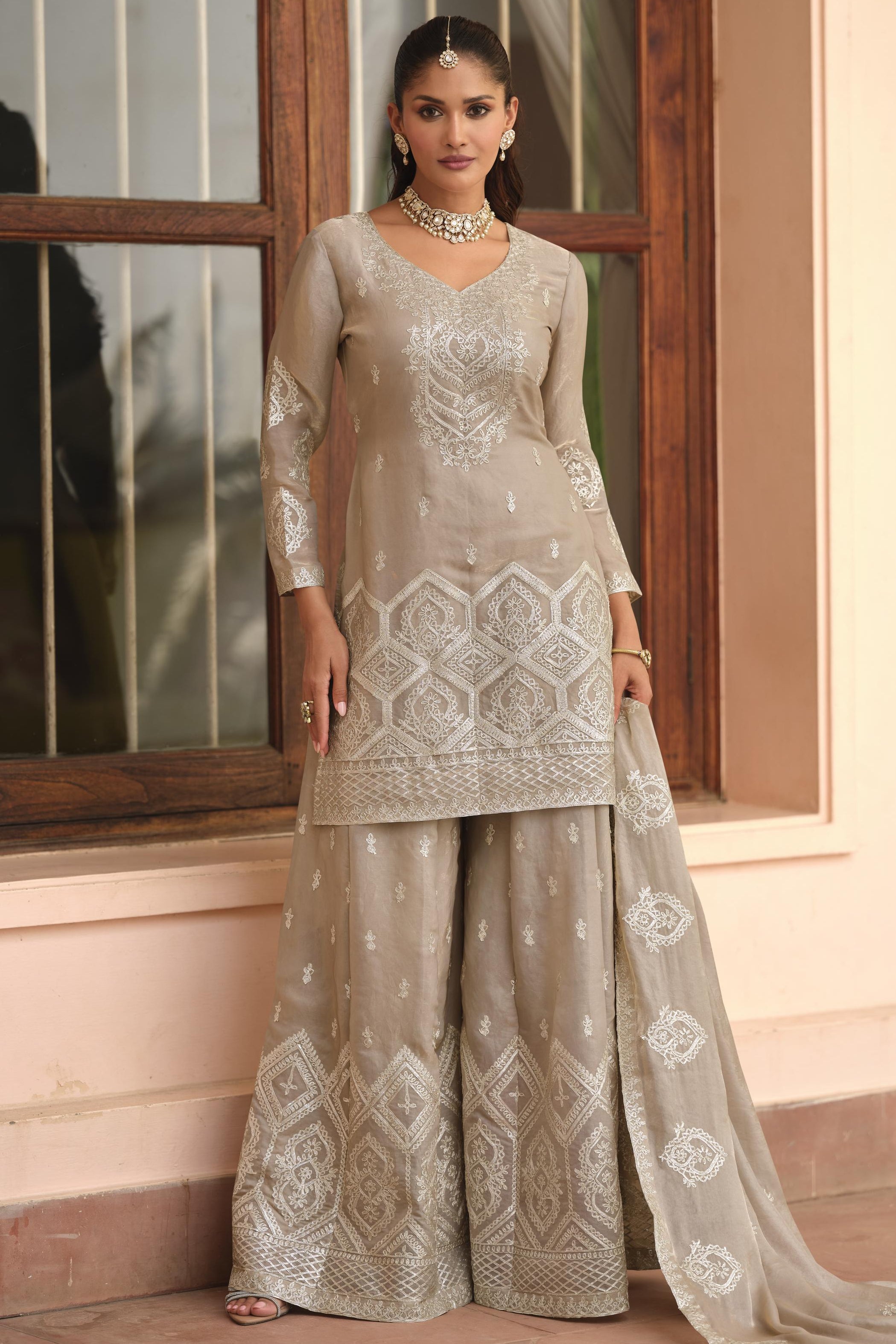 Beige Premium Tora Silk Palazzo Suit For Indian & Pakistani Wedding Festival - Patti Work