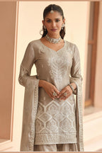 Beige Premium Tora Silk Palazzo Suit For Indian & Pakistani Wedding Festival - Patti Work