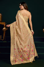 Beige Silk Cotton Meenakari Work Saree with Stitched Blouse & Petticoat