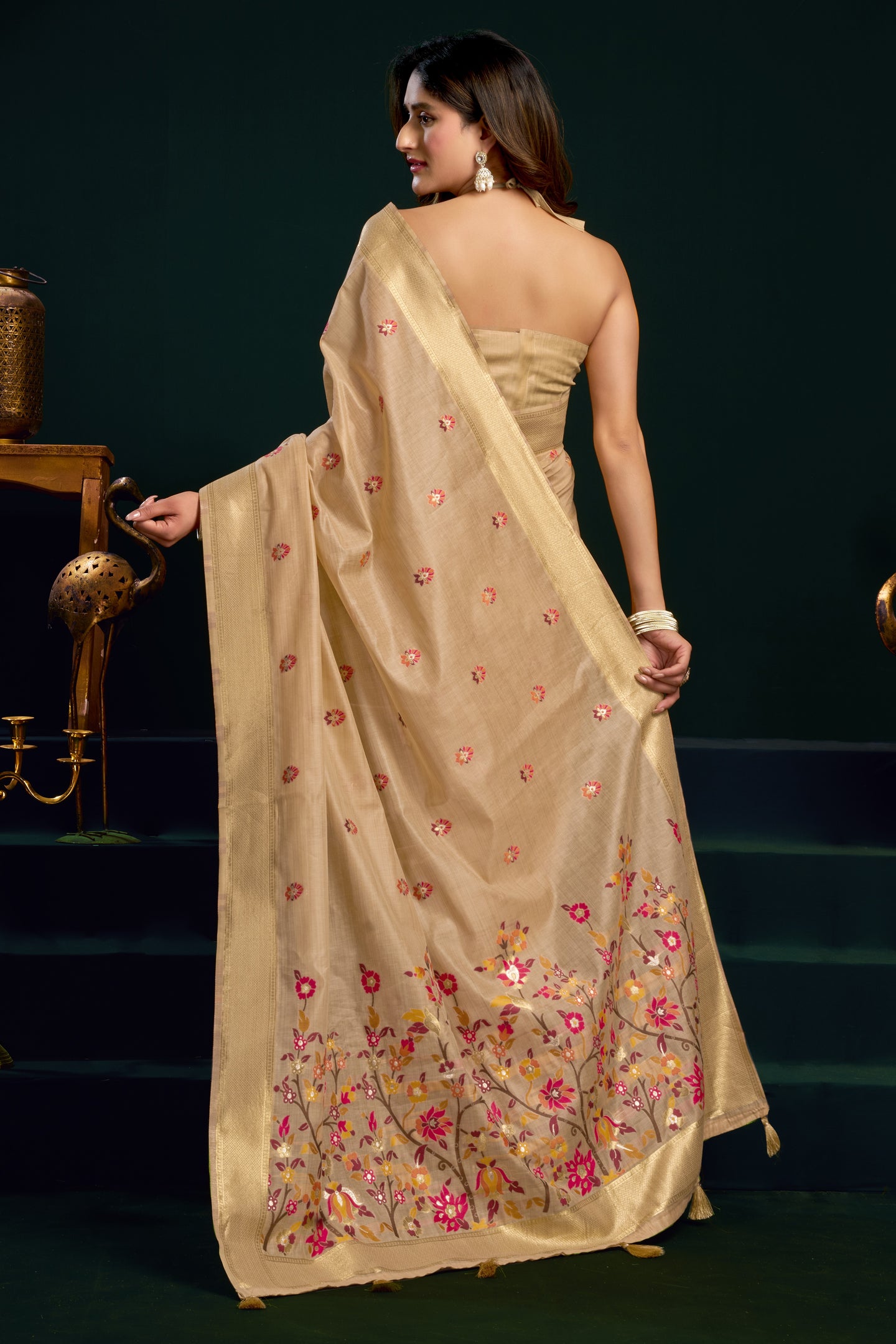 Beige Silk Cotton Meenakari Work Saree with Stitched Blouse & Petticoat