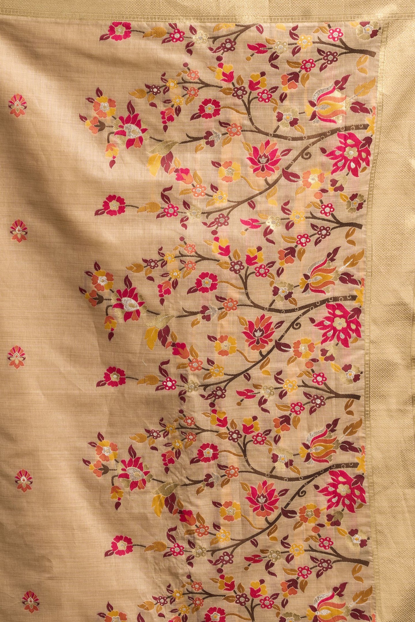Beige Silk Cotton Meenakari Work Saree with Stitched Blouse & Petticoat