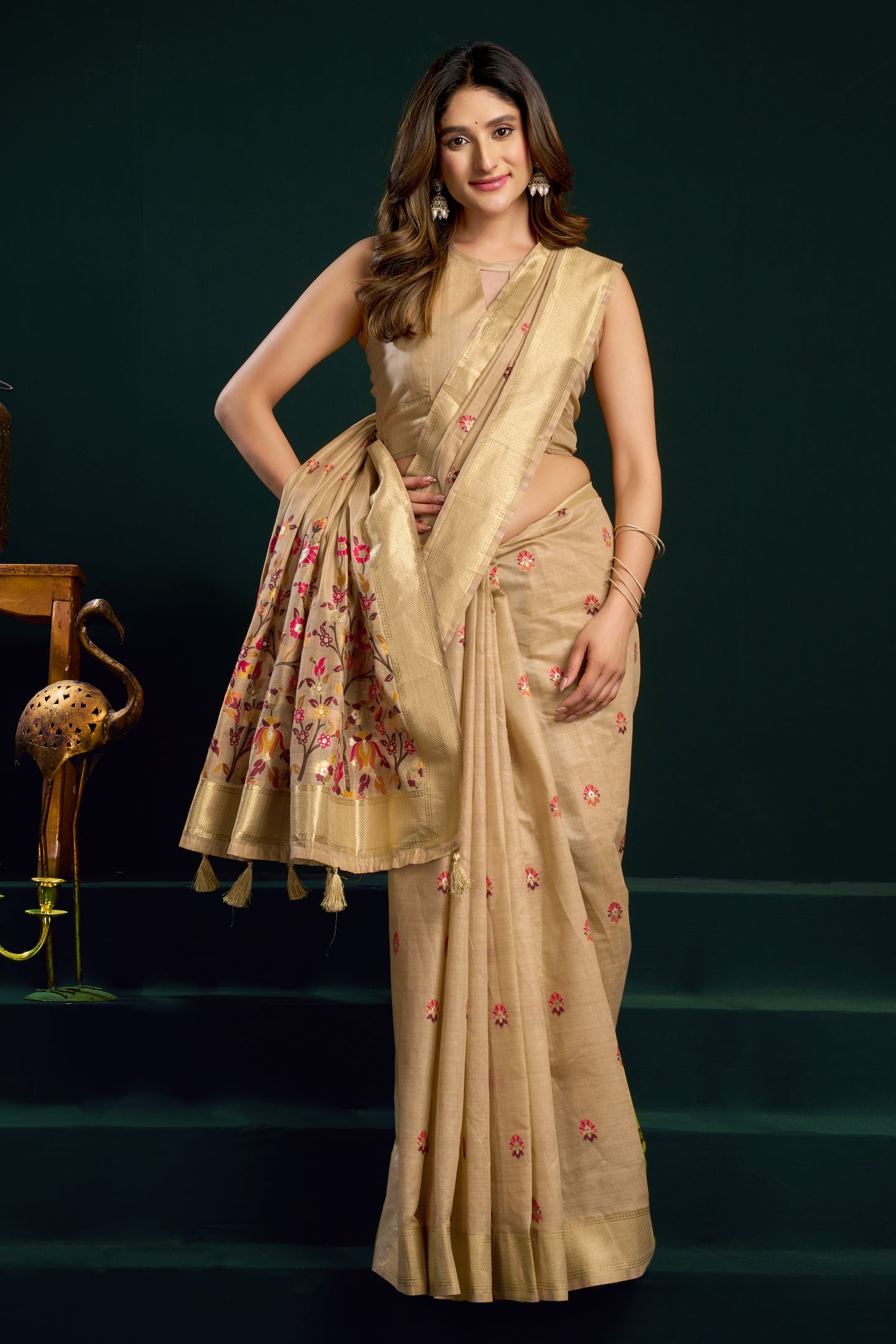 Beige Silk Cotton Meenakari Work Saree with Stitched Blouse & Petticoat