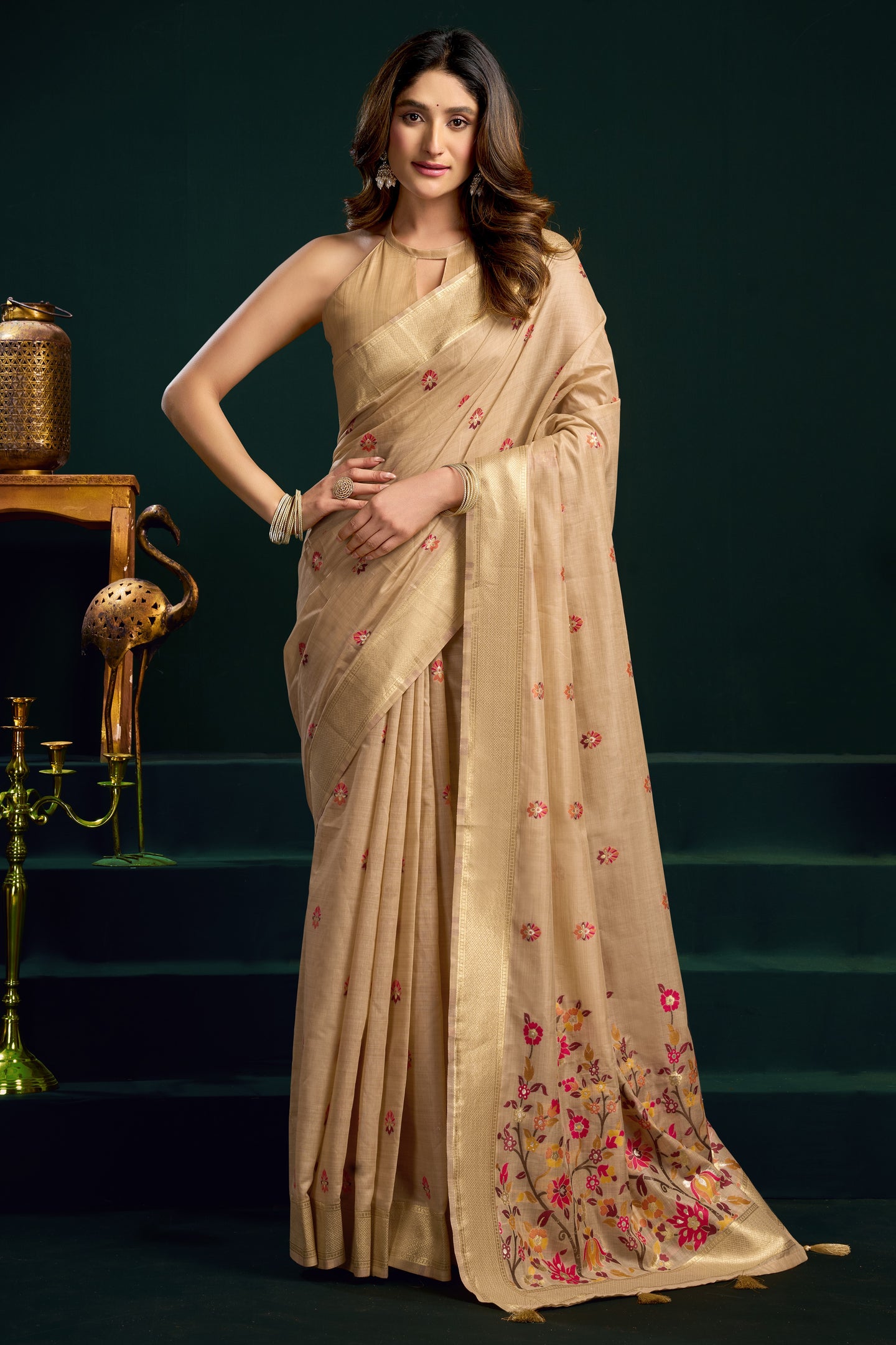 Beige Silk Cotton Meenakari Work Saree with Stitched Blouse & Petticoat