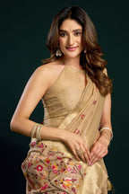 Beige Silk Cotton Meenakari Work Saree with Stitched Blouse & Petticoat