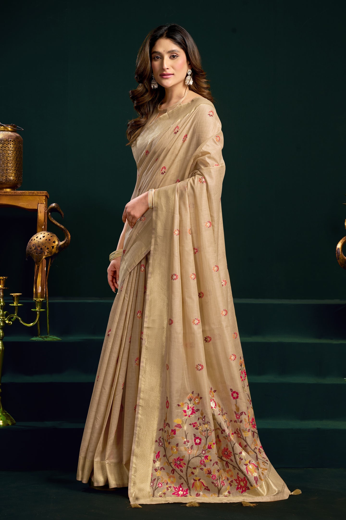 Beige Silk Cotton Meenakari Work Saree with Stitched Blouse & Petticoat