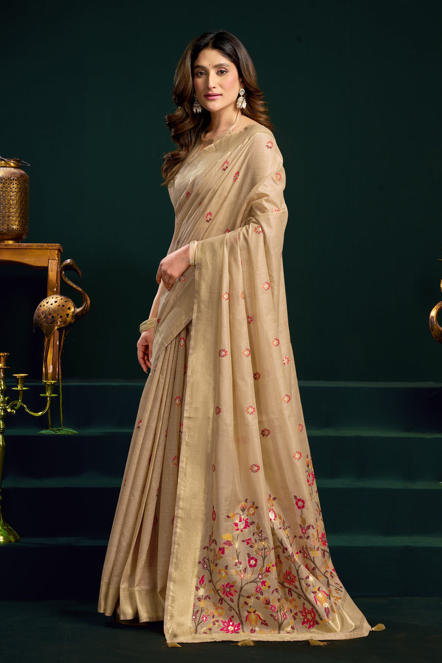 Beige Silk Cotton Meenakari Work Saree with Stitched Blouse & Petticoat