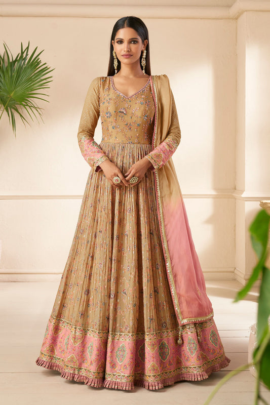 Beige Silk Floor Full Length Flower Printed Anarkali Gown For Indian Festivals & Weddings - Embroidery Work, Print Work