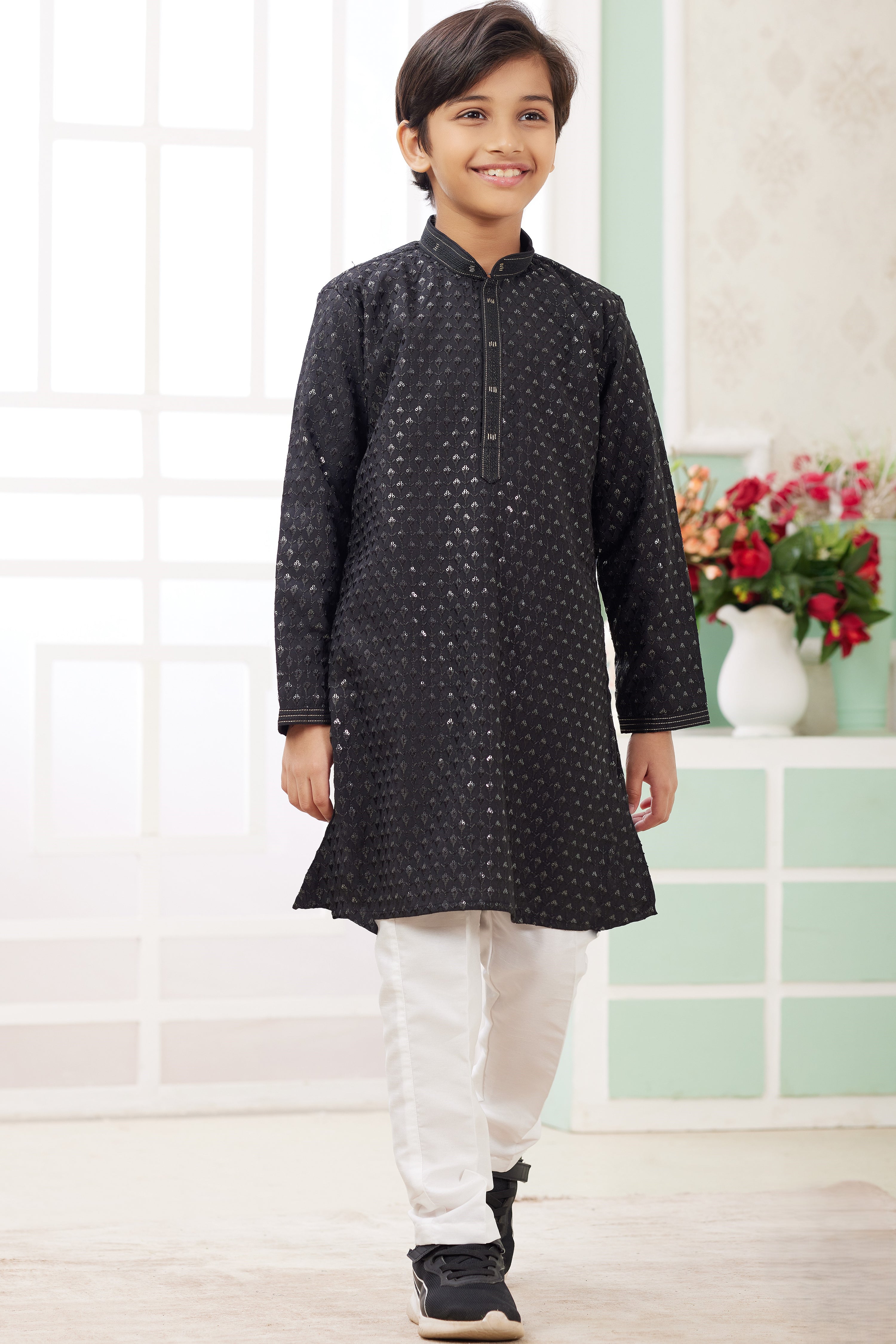 Black Art Silk 2 Piece Kids Wear Boys Suit Long Kurta Pajama for Kids for Festivals & Wedding - Embroidery Work