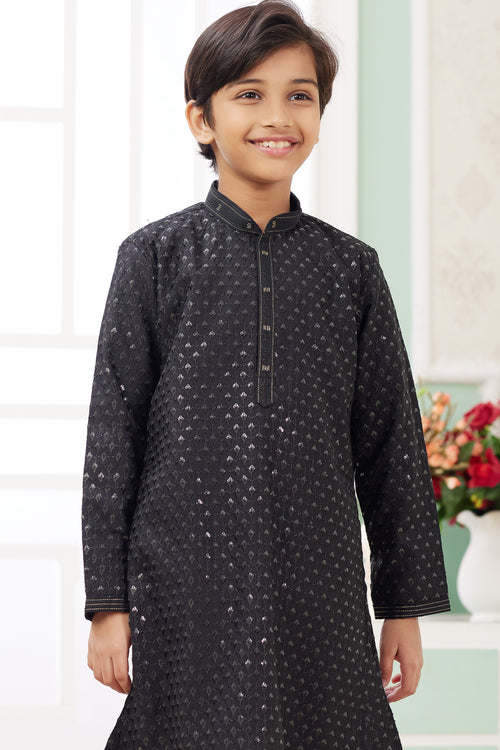 Black Art Silk 2 Piece Kids Wear Boys Suit Long Kurta Pajama for Kids for Festivals & Wedding - Embroidery Work