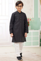 Black Art Silk 2 Piece Kids Wear Boys Suit Long Kurta Pajama for Kids for Festivals & Wedding - Embroidery Work