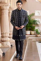 Black Art Silk Indo Western Suit Long Kurta with Jacket, Pant & Dupatta for Men for Wedding - Thread Embroidery Work