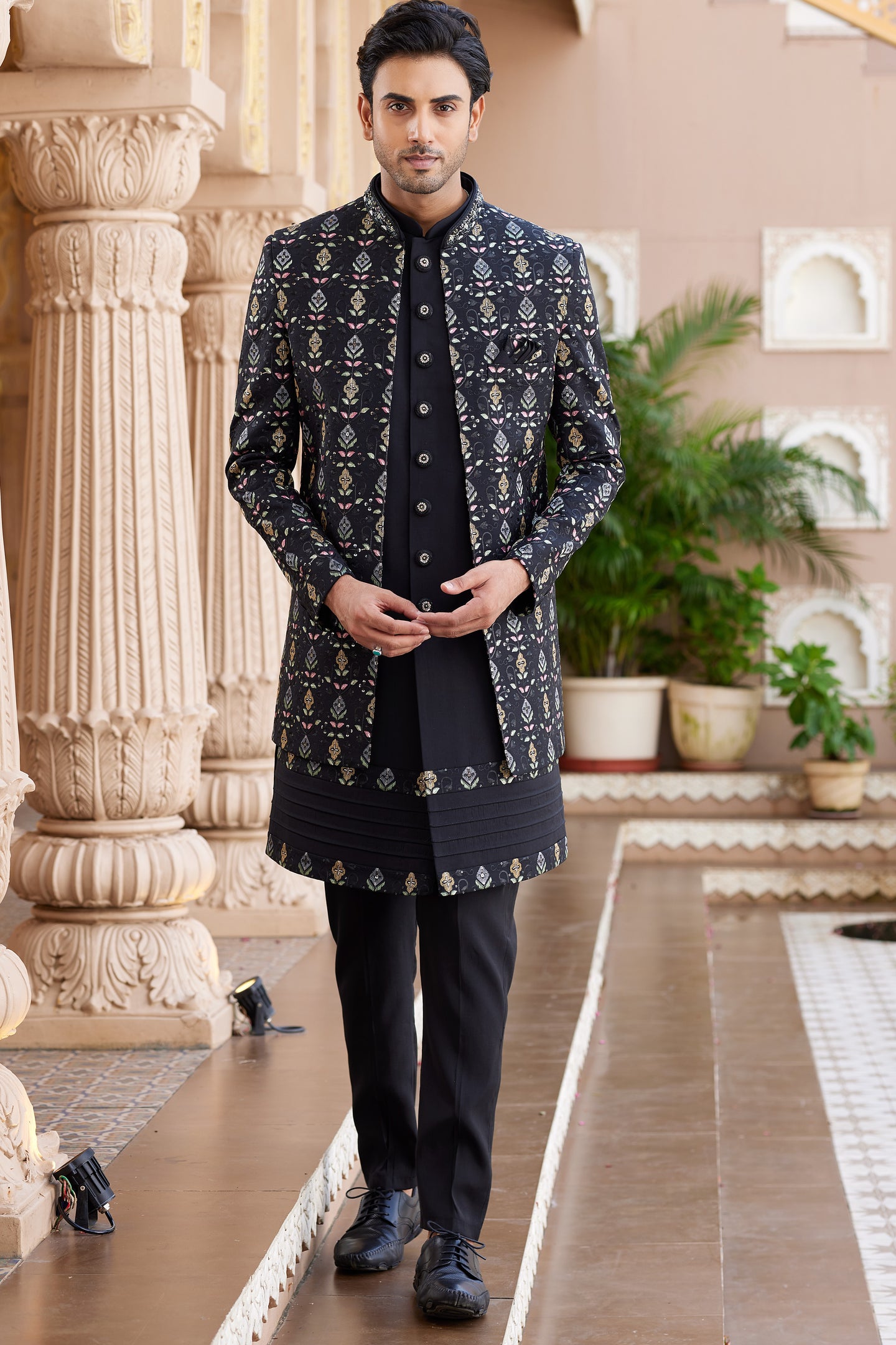 Black Art Silk Indo Western Suit Long Kurta with Jacket, Pant & Dupatta for Men for Wedding - Thread Embroidery Work